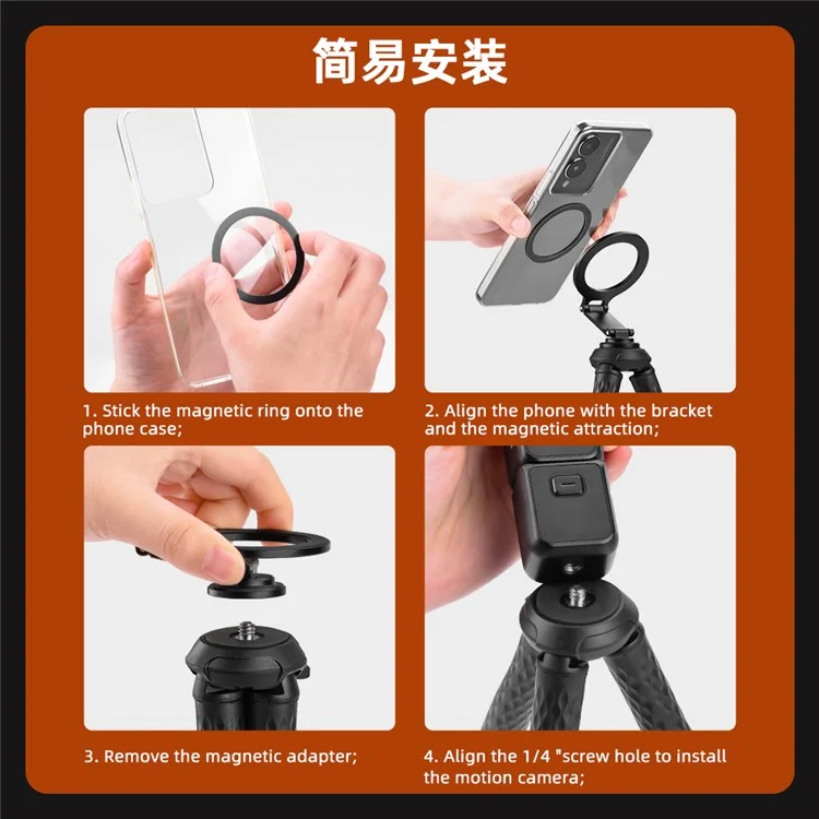 FLYMILE Magnetic Holder Flexible Octopus Tripod with 1 / 4 Interface for Sports Camera  /  Mobile Phone