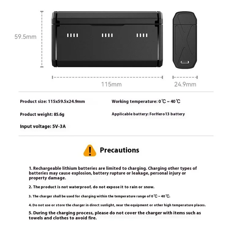 TELESIN S0-BCG-11-TGP For GoPro Hero 13 Portable Charging Case 3-Slot Battery Charger with TF Card Storage