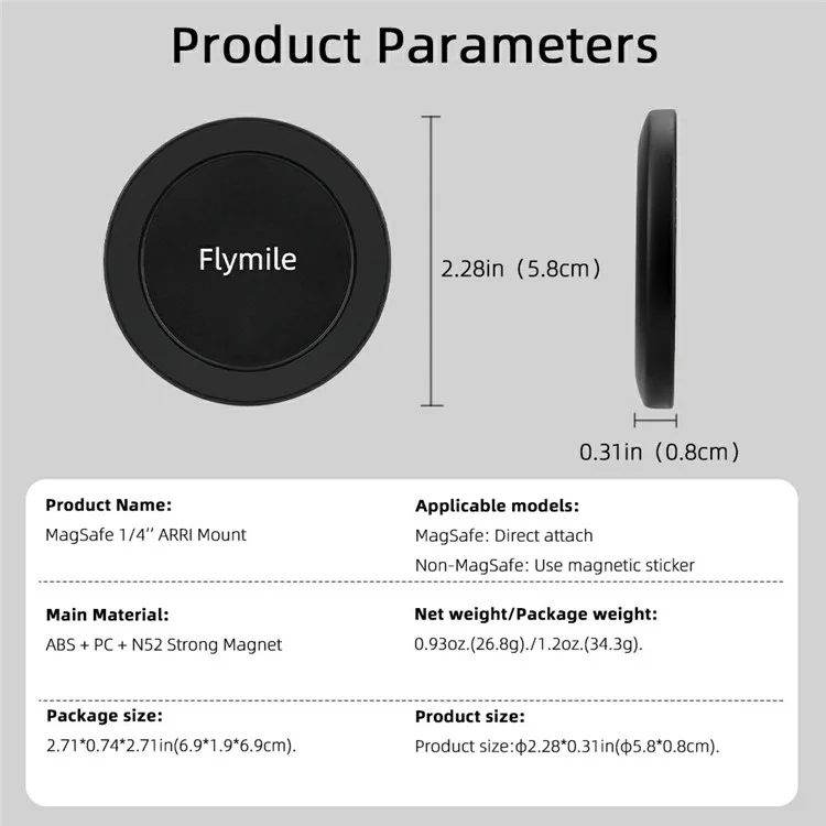 FLYMILE Magsafe-Compatible 1 / 4 Arri Mount Magnetic Base Ultralight Portable Phone Holder for Tripod Gimbal