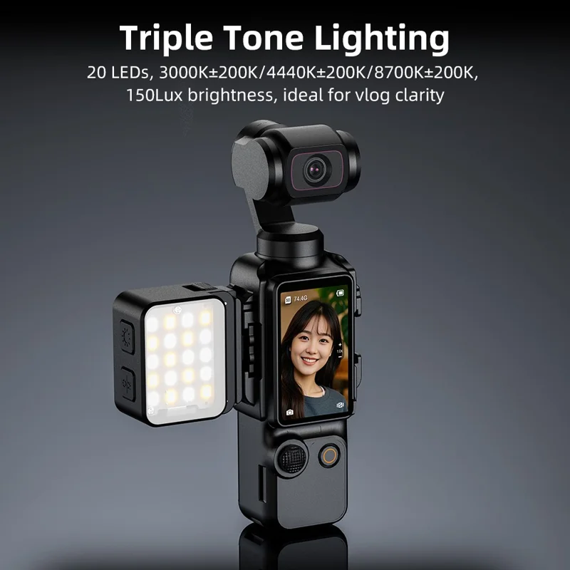 FLYMILE Für DJI Osmo Pocket 3 Actionkamera Fülllampe mit Halterung IPX4 Wasserdicht Dreifarbige Beleuchtung 4-Stufen Einstellbar