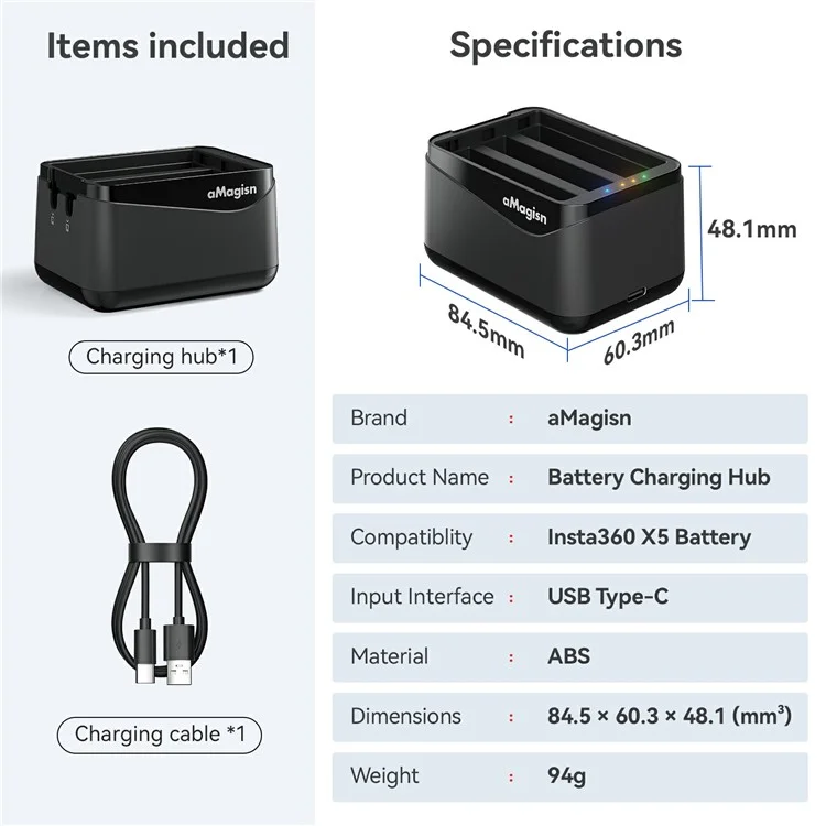 Hub de Charge AMAGISN pour Batterie Insta360 X5 - Chargeur 3 Emplacements avec Stockage Portable
