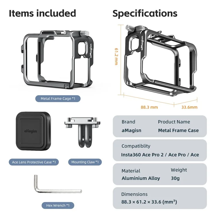 AMAGISN For Insta360 Ace Pro 2 Metal Cage Aluminum Alloy Frame Protective Case - Tarnish