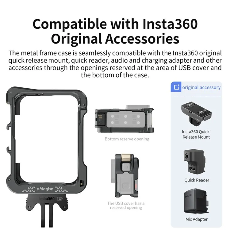 AMAGISN For Insta360 Ace Pro 2 Quick Release Metal Cage Aluminum Alloy Frame Protective Case - Black