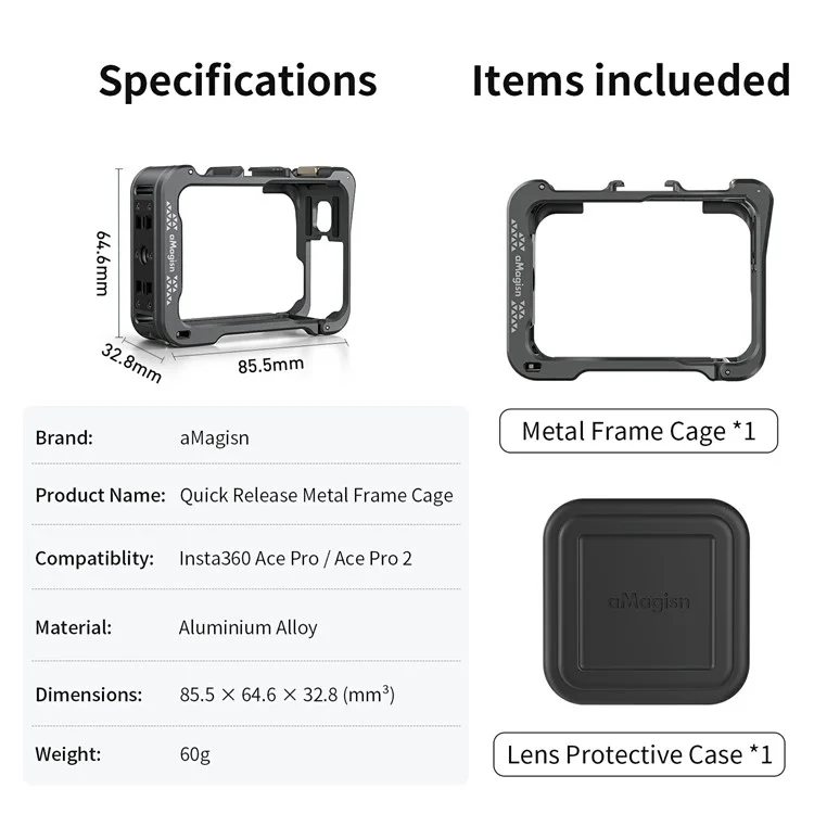 AMAGISN For Insta360 Ace Pro 2 Quick Release Metal Cage Aluminum Alloy Frame Protective Case - Black