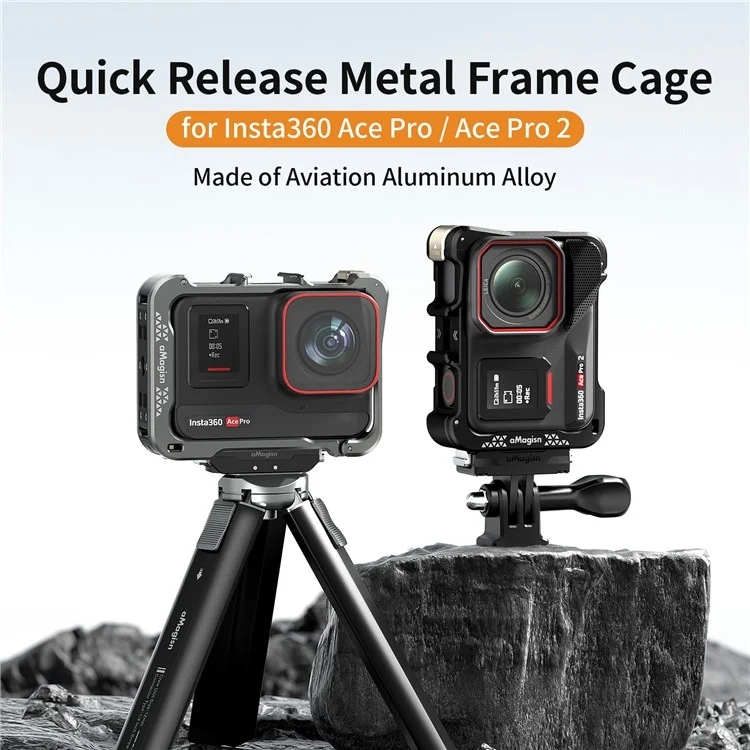 AMAGISN For Insta360 Ace Pro 2 Quick Release Metal Cage Aluminum Alloy Frame Protective Case - Black