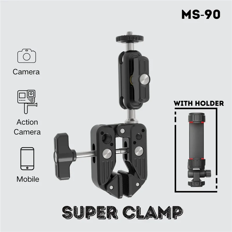 JMARY MS-90 Super Clamp for Action Cameras with Phone  /  Camera Clamp Mount Magic Arm Double Ball Head Adapter