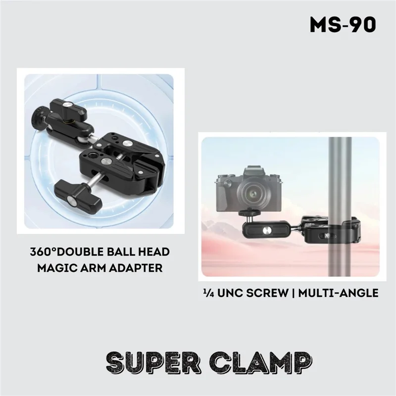JMARY MS-90 Super Clamp for Action Cameras with Phone  /  Camera Clamp Mount Magic Arm Double Ball Head Adapter