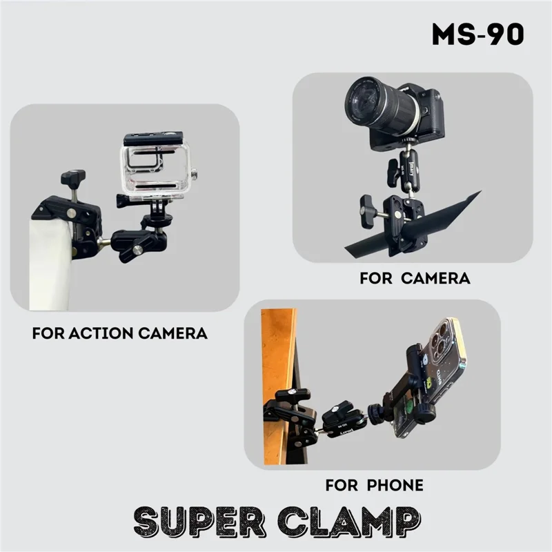 JMARY MS-90 Super Clamp for Action Cameras with Phone  /  Camera Clamp Mount Magic Arm Double Ball Head Adapter