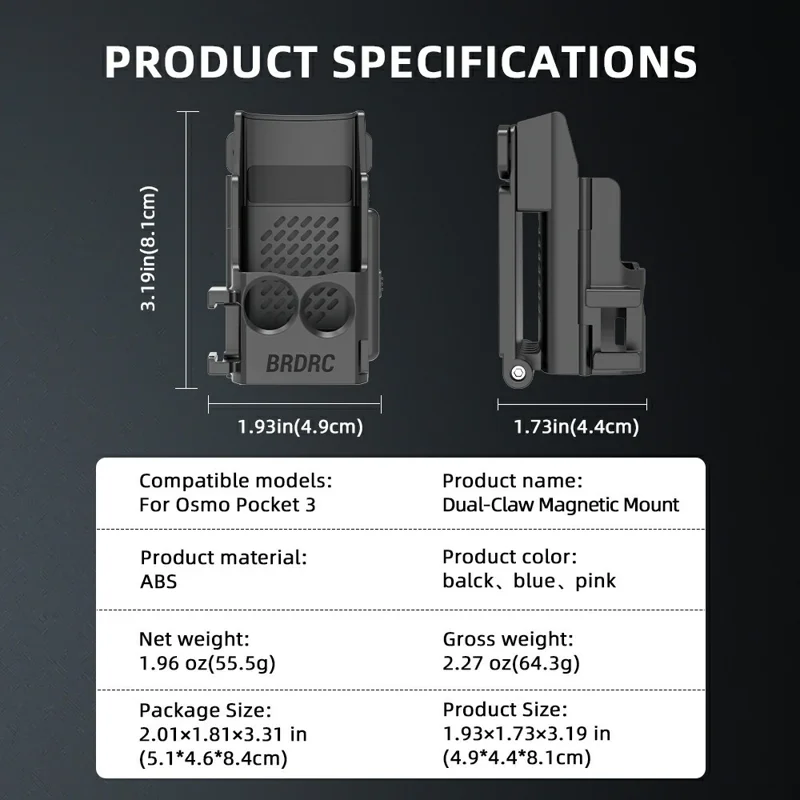 BRDRC Pour DJI Osmo Pocket 3 Clip magnétique dorsal Conception à deux griffes Positionnement réglable avec support à griffe froide - Noir