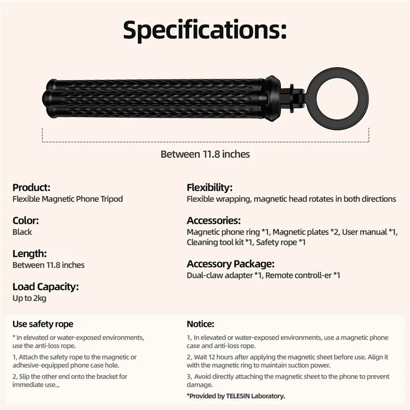 TELESIN P3-FM-02 Magnetischer Telefon-Stativ Flexibler Oktopus Desktop Ständer Verstellbarer Winkel