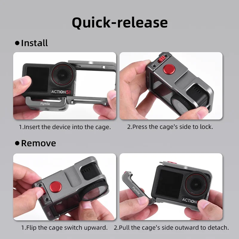 FLYMILE Kamera-Käfig für DJI Osmo Action 5 Pro / Action 4 / Action 3 Metallschutzrahmen Befestigungen Käfighalterung