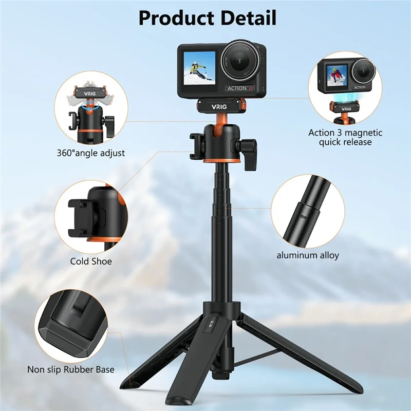 VRIG AC-40 Quick Release Tripod for DJI Osmo Action 5 Pro / 4 / 3 Plastic Ball Head Mount Cold Shoe Extension