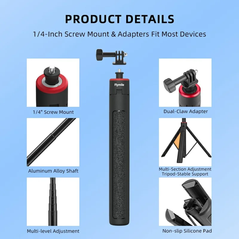 FLYMILE Action Cameras Telescopic Selfie Stick Tripod 6-Section Adjustable Aluminum Alloy Extendable Pole - 1.4m
