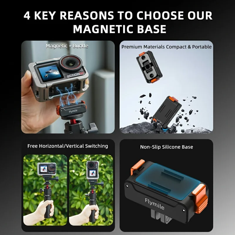 FLYMILE Per DJI Osmo Action 5 Pro / Action 4 Supporto Magnetico con Base a Sgancio Rapido 1/4 e Doppia Porta di Espansione