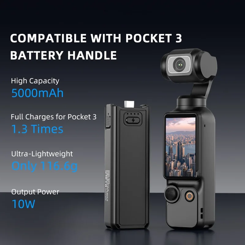Для DJI Osmo Pocket 3 Аккумуляторная рукоятка с быстрой зарядкой, длительным сроком службы батареи и двумя портами Type-C с противоударной блокировкой