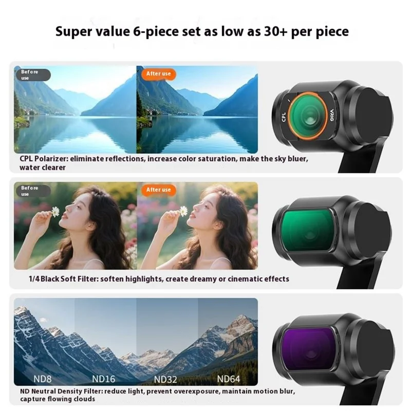 VRIG FT-04 6 Filtres Magnétiques CPL 1/4 Noir Soft ND8/16/32/64 en Verre Optique pour Objectif de Caméra DJI Osmo Pocket 3