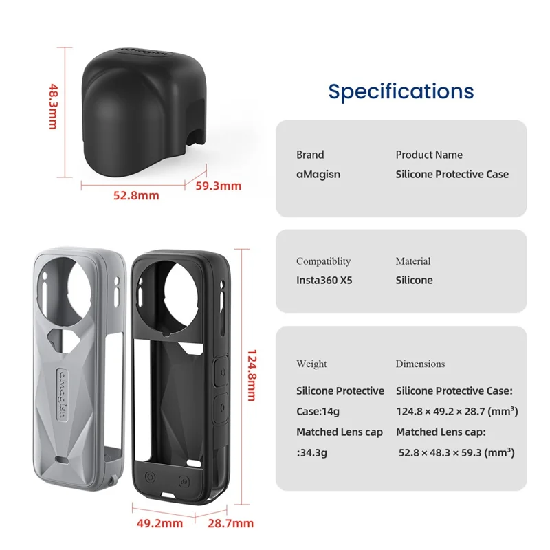 AMAGISN Pour Insta360 X5 Étui de Protection en Silicone avec Couvercle d'Objectif - Noir