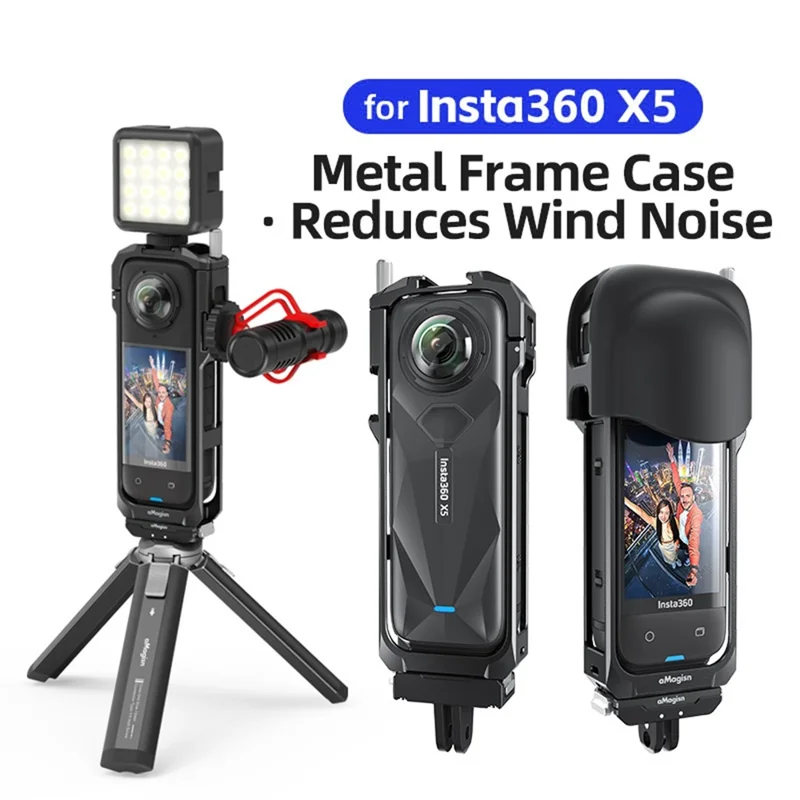 AMAGISN For Insta360 X5 Action Camera Metal Frame Cage with Silicone Lens Cap Cover