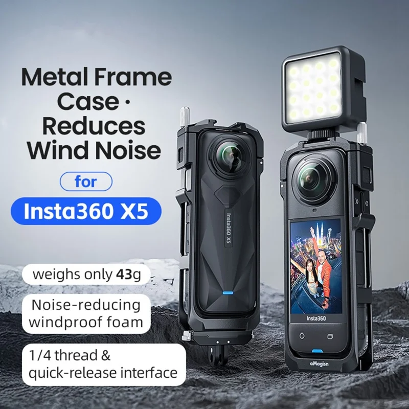 AMAGISN For Insta360 X5 Action Camera Metal Frame Cage with Silicone Lens Cap Cover