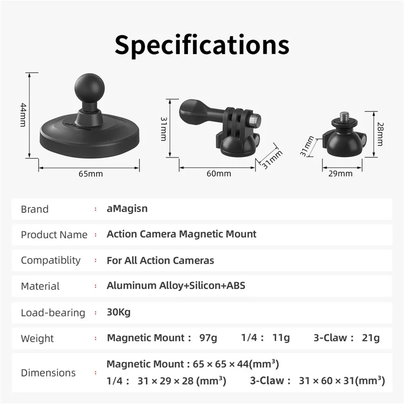 AMAGISN Action Camera Mount Kit Magnetic Ball 3-Claw Adapter 1 / 4 inch Thread Connector Set