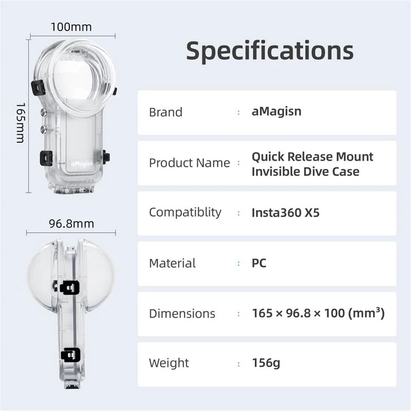 AMAGISN For Insta360 X5 Invisible Diving Case 60m Underwater Camera PC Housing Cover