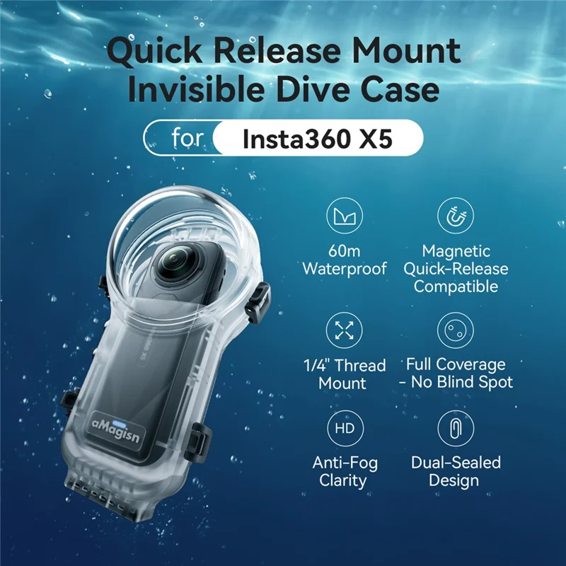 AMAGISN For Insta360 X5 Invisible Diving Case 60m Underwater Camera PC Housing Cover