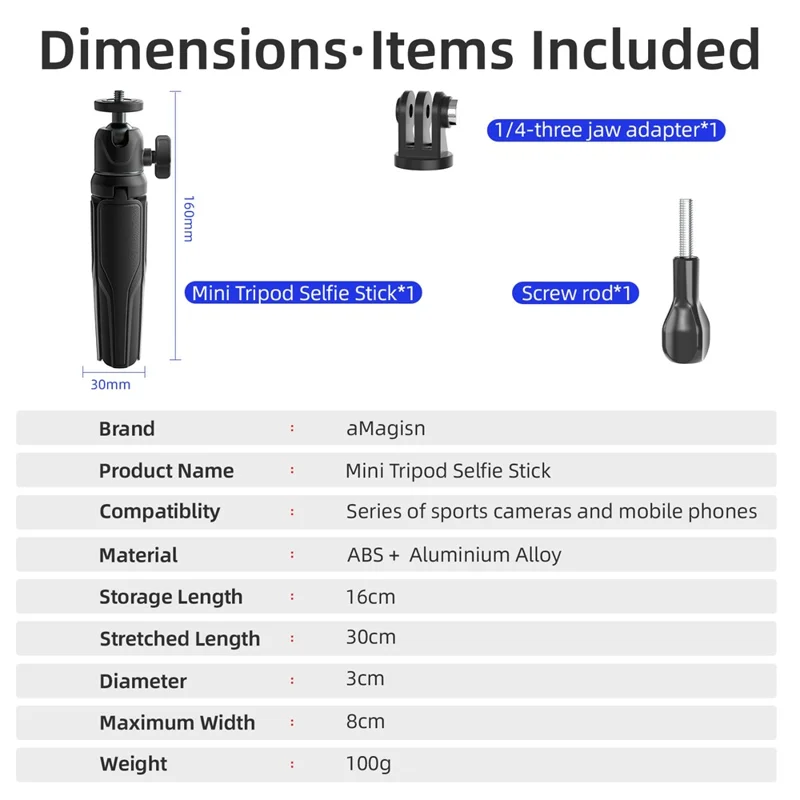 AMAGISN Mini Trépied Selfie Stick Réglable et Extensible pour Enregistrement Vidéo - Noir