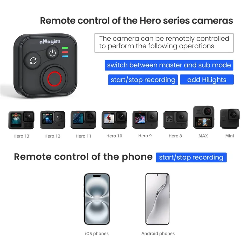AMAGISN Bluetooth-совместимый пульт дистанционного управления для Insta360 / GoPro / Смартфона, мини-смарт-пульт
