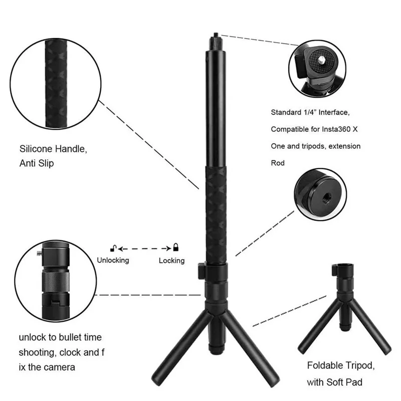 2 in 1 Bullet Time Extension Handle for Insta360 X5 / X4 / X3 111cm Invisible Selfie Stick and 360 Degree Rotating Tripod