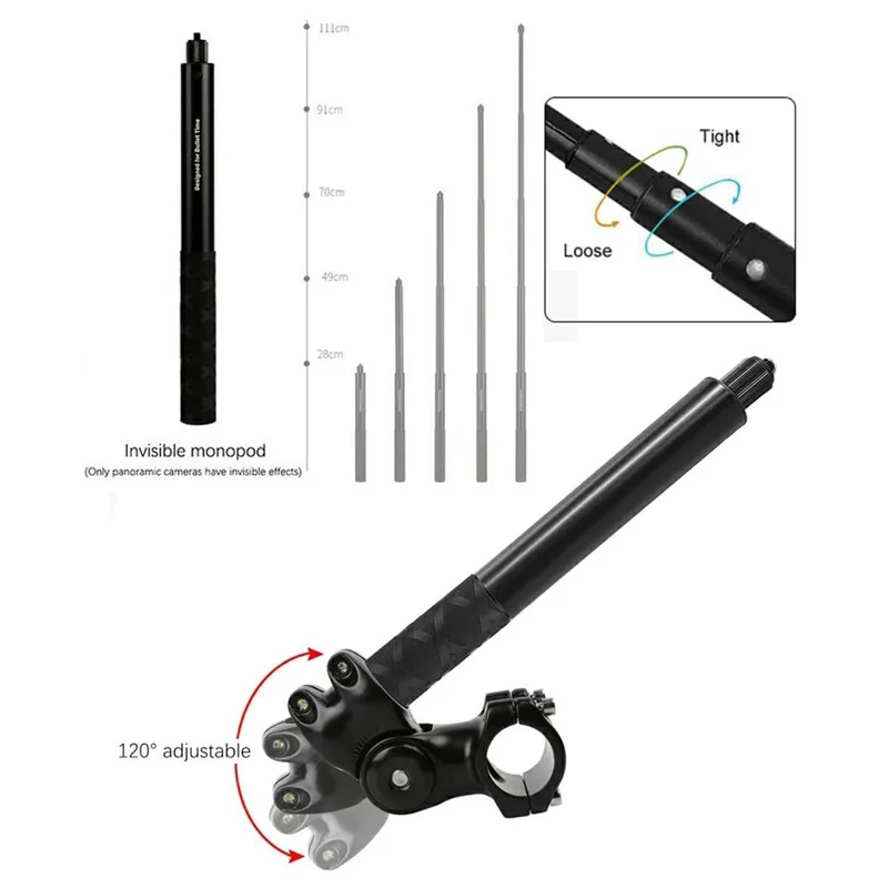 Für Insta360 / GoPro / DJI Action-Kamera Motorrad-Fahrrad-Lenkerhalterung Ausziehbare Unsichtbare Selfie-Stange mit 1/4-Zoll-Schraube