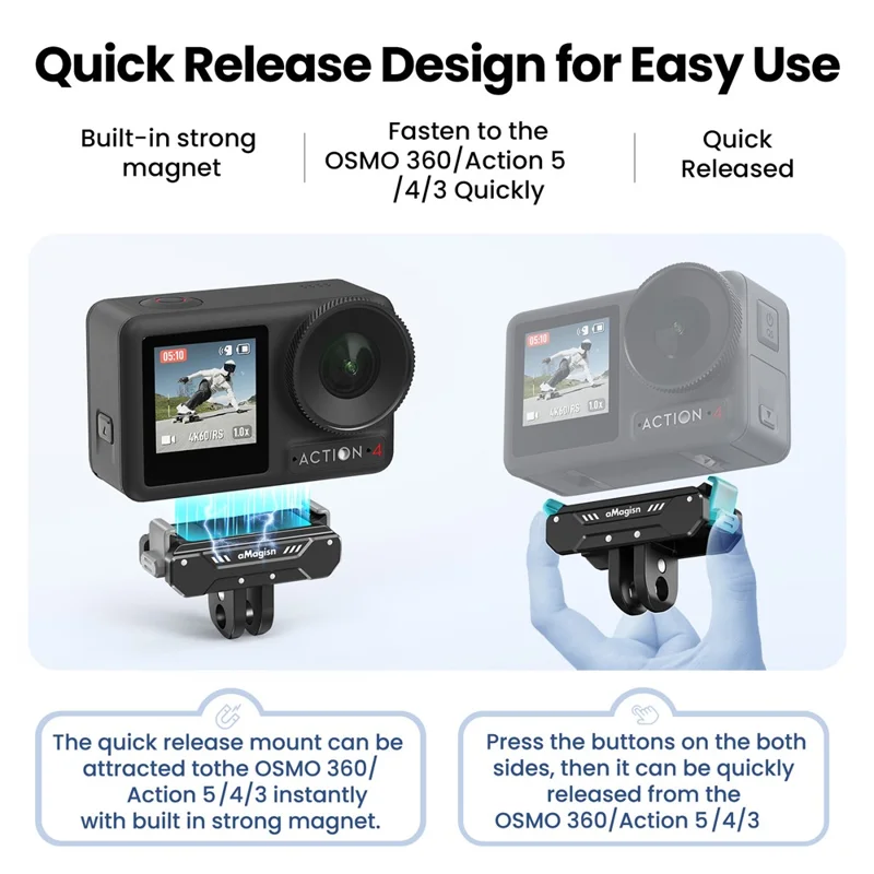 AMAGISN Para DJI Osmo 360 / Action 5 / 4 / 3 Base de Montagem Magnética Metálica de Liberação Rápida Acessório de Câmera de Ação