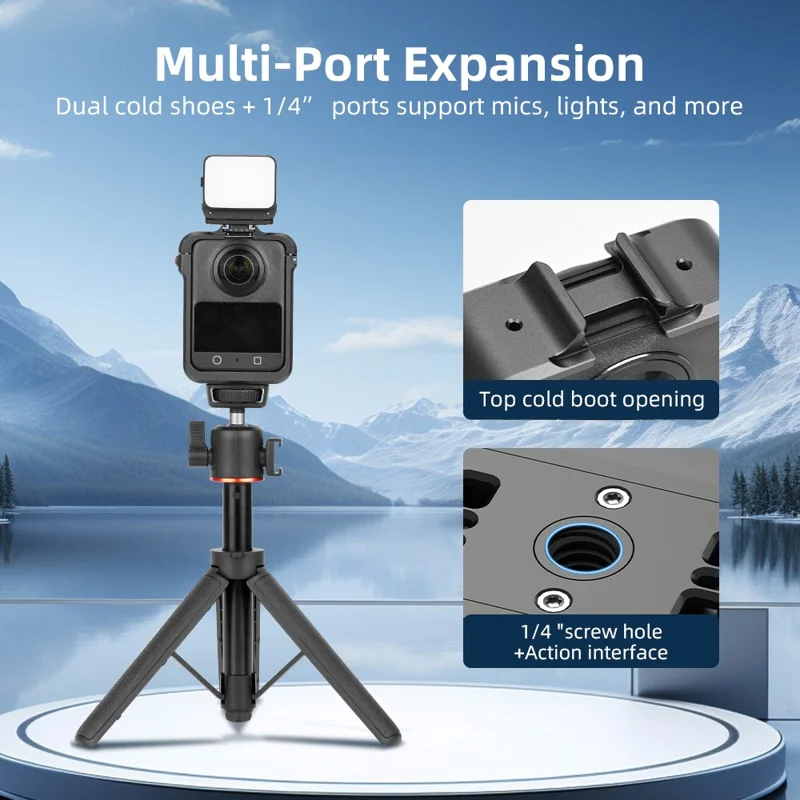 FLYMILE For DJI Osmo 360 Camera Cage Metal Frame Protective Case with Cold Shoe Mount  /  1 / 4 Screw Port