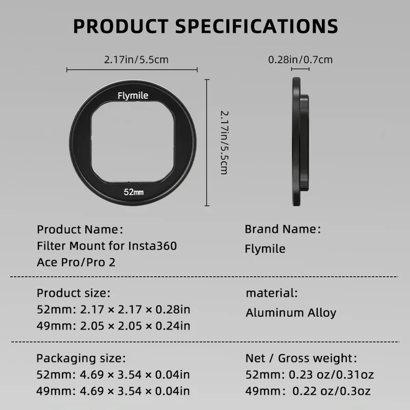 FLYMILE For Insta360 Ace Pro / Ace Pro 2 Filter Holder Bracket 52mm Aluminum Alloy Camera Lens Filters Mount Adapter