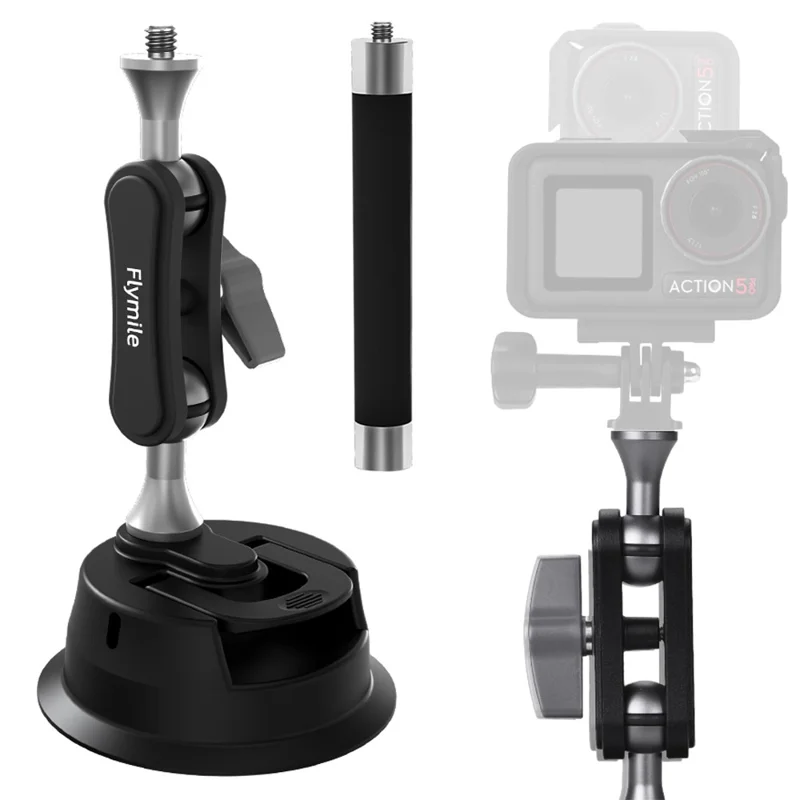 FLYMILE Pour Caméras d'Action Montage Rotatif à 360 Degrés en Alliage d'Aluminium Ventouse de Voiture avec Tige d'Extension
