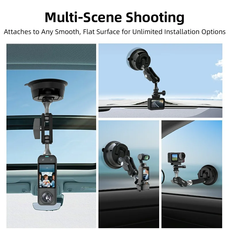 FLYMILE Pour Caméras d'Action Montage Rotatif à 360 Degrés en Alliage d'Aluminium Ventouse de Voiture avec Tige d'Extension