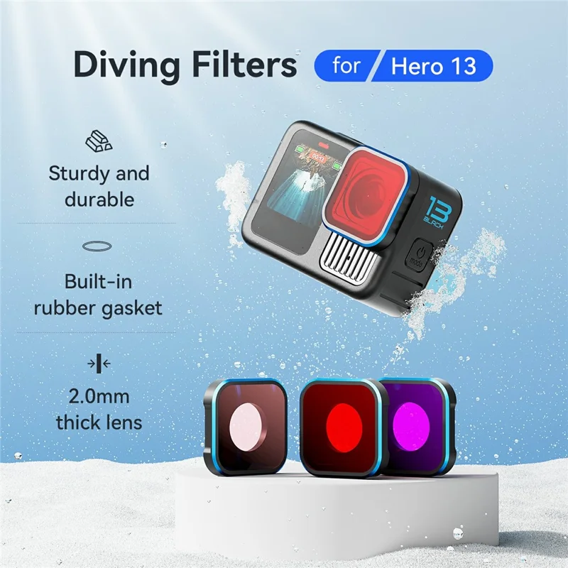 Obiektyw filtra do nurkowania AMAGISN do kamery akcji GoPro Hero 13 / 12 / 11 / 11 Mini / 10 / 9, wodoodporny filtr – jasnoczerwony