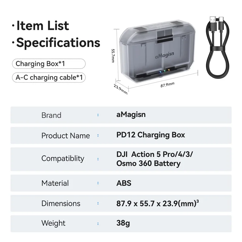 AMAGISN PD12 hurtig oplader til DJI Osmo Action 5 Pro / 4 / 3 / Osmo 360 kamera, batteriopbevaringskasse