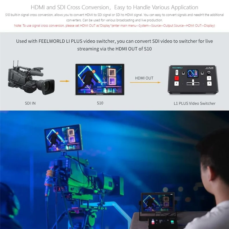 FEELWORLD S10 För kamera 10,1 tum 1200nit Hög ljusstyrka 12G SDI HD 2.0 Touch Monitor HDR 3D LUT Vågform