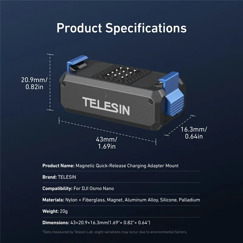 TELESIN S7-JBK-17-TDJ Voor DJI Osmo Nano Actioncamera Magnetische Snelle Loskoppelingslaadadapter Montagebasis