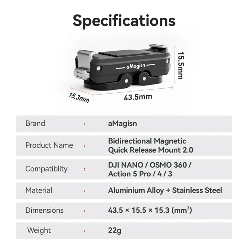 Base magnetica per montaggio bidirezionale rapido in lega di alluminio AMAGISN Nano TN11 per fotocamera DJI Osmo Nano / Osmo 360 / Action 5 Pro / 4 / 3