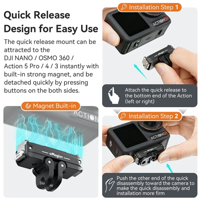 Base magnetica per montaggio bidirezionale rapido in lega di alluminio AMAGISN Nano TN11 per fotocamera DJI Osmo Nano / Osmo 360 / Action 5 Pro / 4 / 3