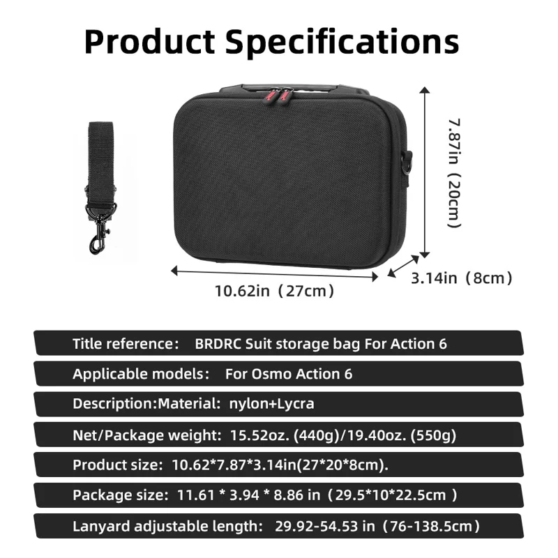 BRDRC For DJI Osmo Action 6 Storage Case Precision Molded Waterproof Shockproof Bag with Shoulder Strap - Black