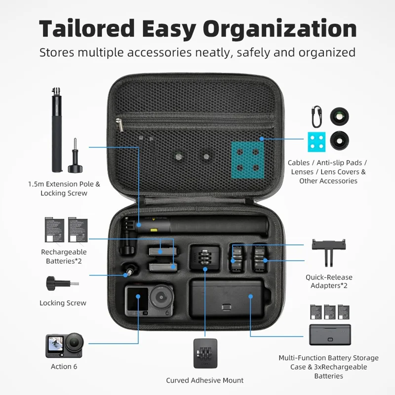 BRDRC For DJI Osmo Action 6 Storage Case Precision Molded Waterproof Shockproof Bag with Shoulder Strap - Black