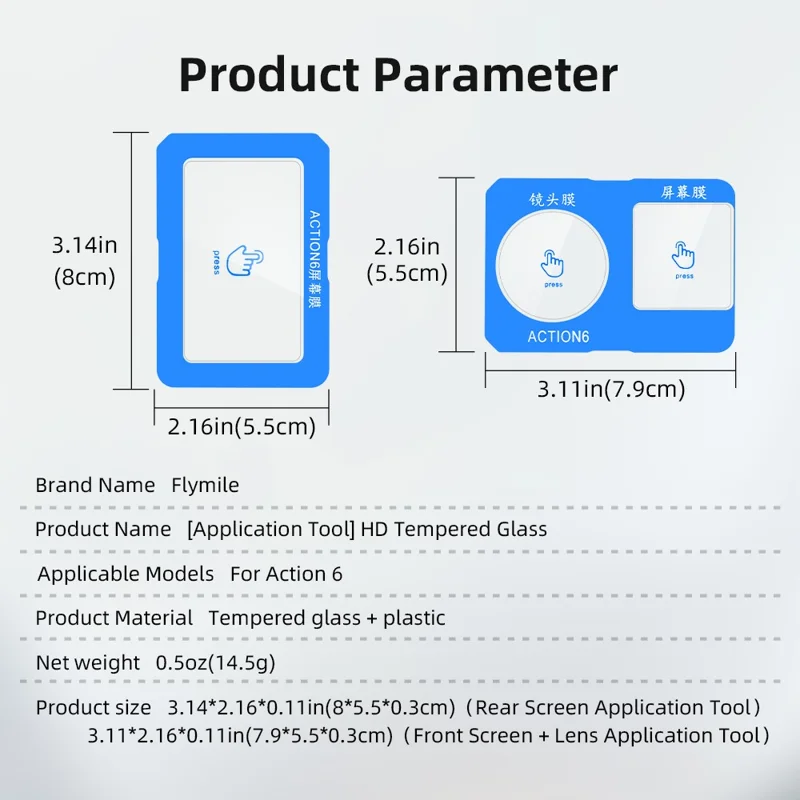 FLYMILE For DJI Osmo Action 6 Front and Rear Screen Protector Tempered Glass Lens Film with Application Tool Set