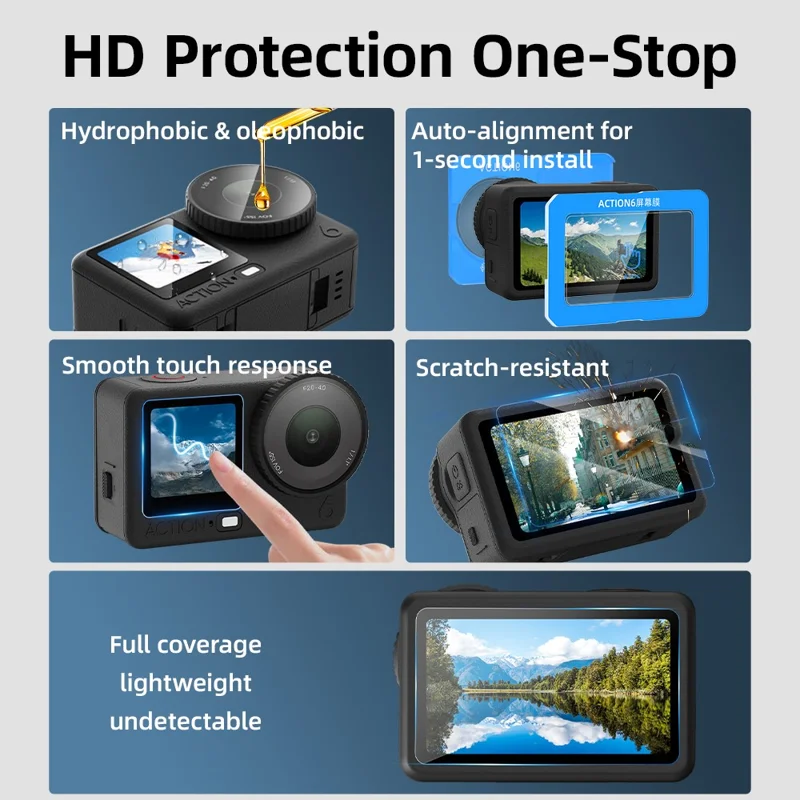 FLYMILE For DJI Osmo Action 6 Front and Rear Screen Protector Tempered Glass Lens Film with Application Tool Set