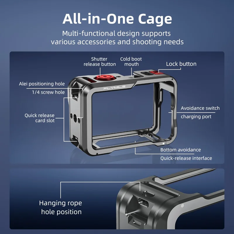 FLYMILE Double Opening Camera Cage for DJI Osmo Action 6 Protective Metal Frame with Cold Shoe and 1  /  4" Thread