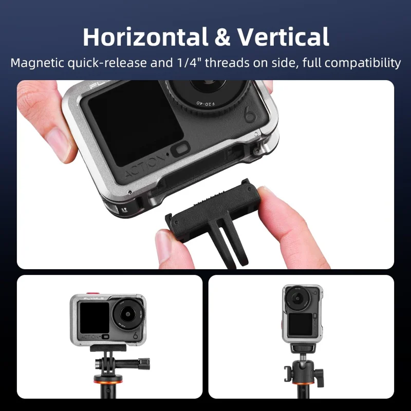FLYMILE Double Opening Camera Cage for DJI Osmo Action 6 Protective Metal Frame with Cold Shoe and 1  /  4" Thread