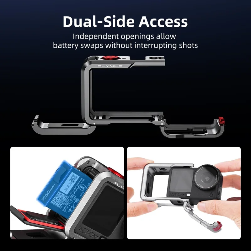FLYMILE Double Opening Camera Cage for DJI Osmo Action 6 Protective Metal Frame with Cold Shoe and 1  /  4" Thread