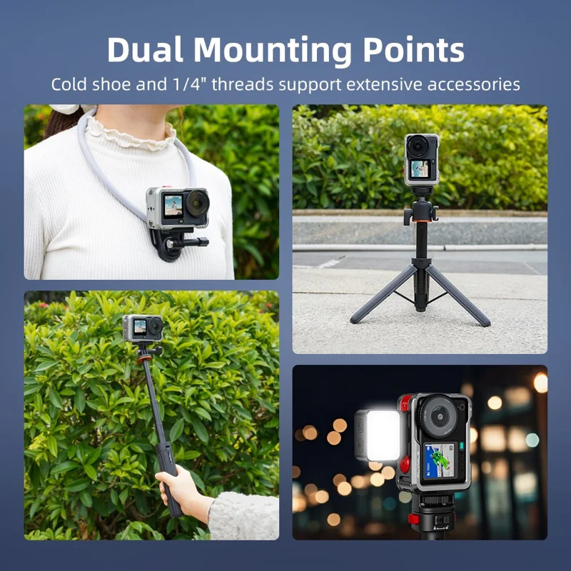 FLYMILE Double Opening Camera Cage for DJI Osmo Action 6 Protective Metal Frame with Cold Shoe and 1  /  4" Thread