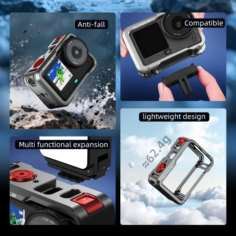 FLYMILE Double Opening Camera Cage for DJI Osmo Action 6 Protective Metal Frame with Cold Shoe and 1  /  4" Thread